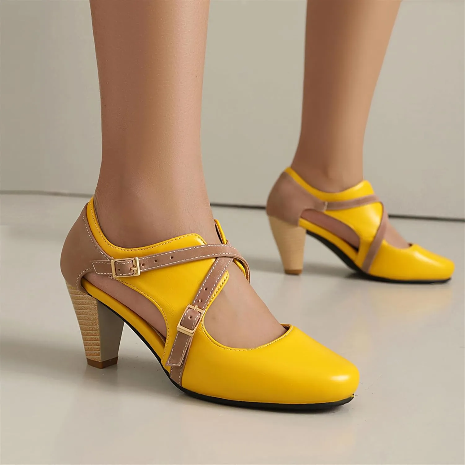 Elerhythm Women's Mary Jane 1920s Pump Heels Two Straps Classic and Retro 1950s Vintage Round Closed Toe 1940s Shoes