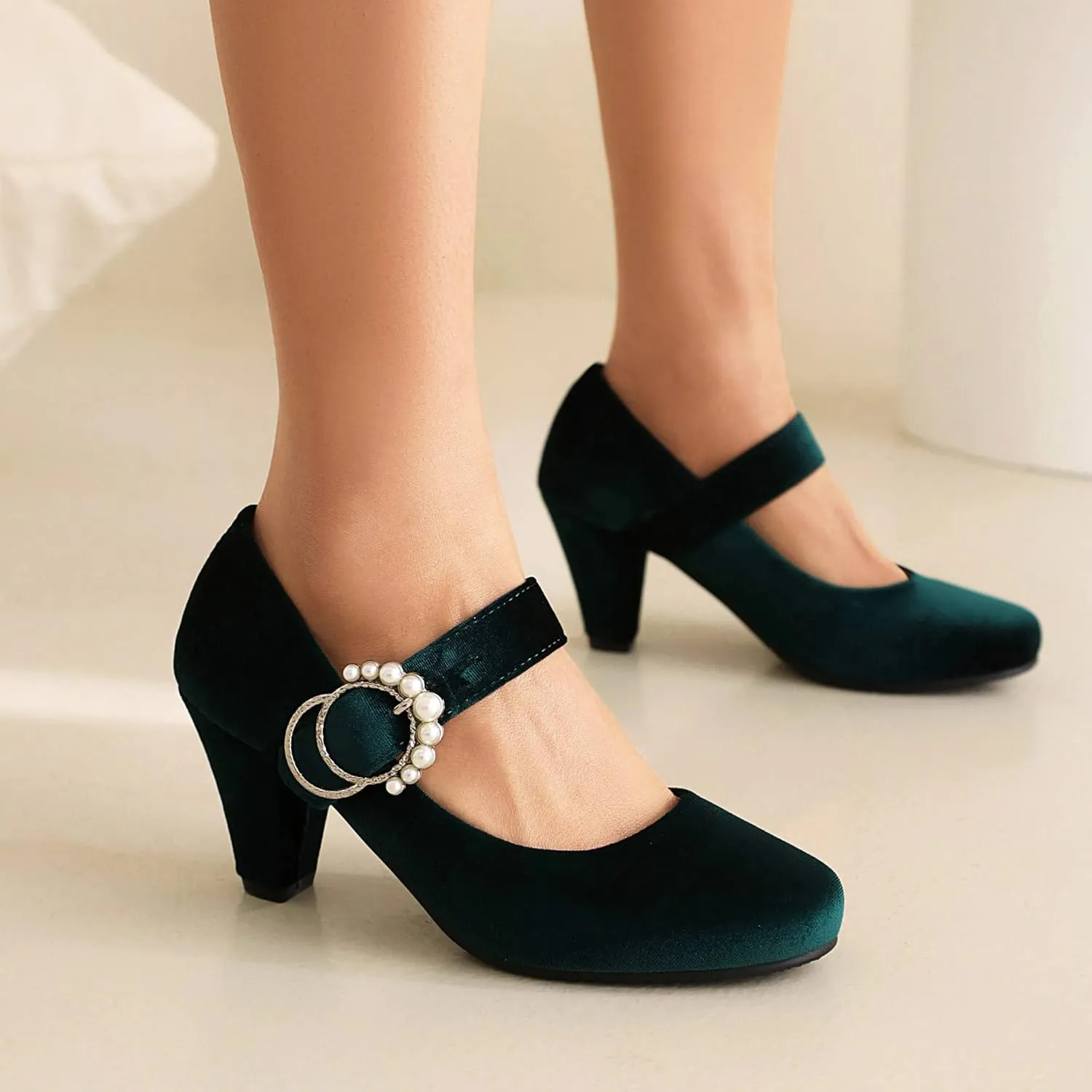 Elerhythm Women's Mary Jane Bow Closed Toe Vintage Pumps Heels Gatsby Victorian 1920s Dresses Faux Suede Shoes