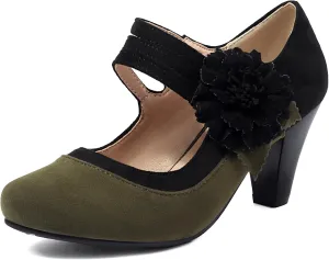 Elerhythm Women's Mary Jane Flower Ankle Strap Vintage Heels 1920s Pumps Closed Round Toe 1950s Victorian Retro Shoes