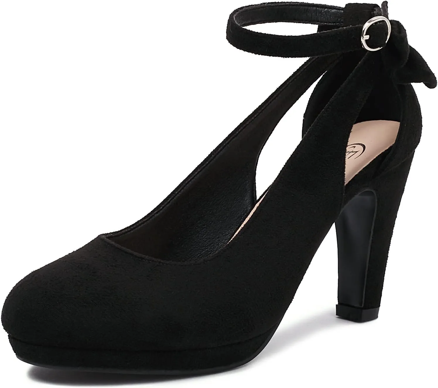 Elerhythm Women's Mary Jane Heels with Bow Retro Closed Round Toe Suede Ankle Strap Pumps Gatsby Vintage Sweet Office Daily Dress Shoes