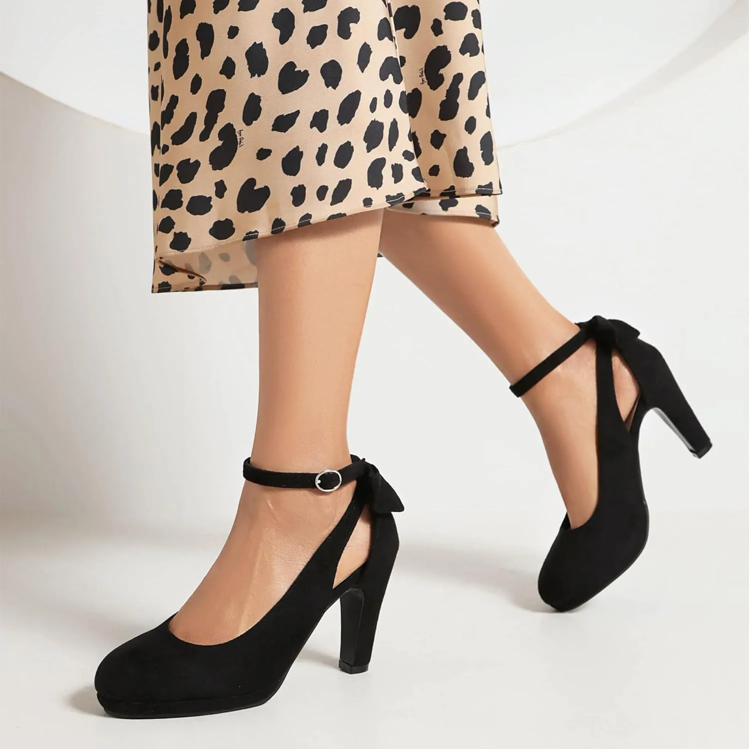 Elerhythm Women's Mary Jane Heels with Bow Retro Closed Round Toe Suede Ankle Strap Pumps Gatsby Vintage Sweet Office Daily Dress Shoes