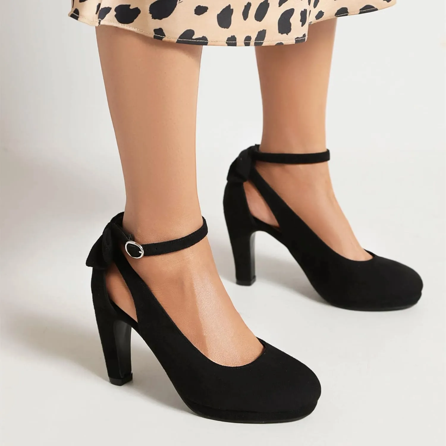 Elerhythm Women's Mary Jane Heels with Bow Retro Closed Round Toe Suede Ankle Strap Pumps Gatsby Vintage Sweet Office Daily Dress Shoes