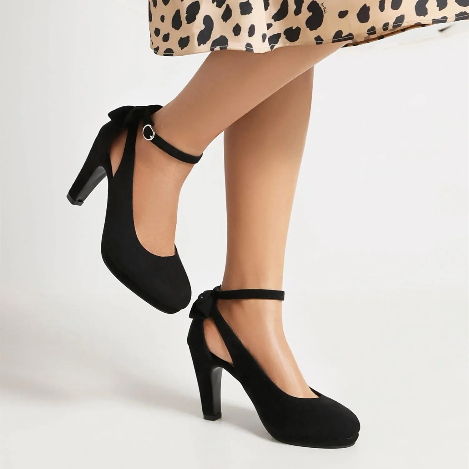 Elerhythm Women's Mary Jane Heels with Bow Retro Closed Round Toe Suede Ankle Strap Pumps Gatsby Vintage Sweet Office Daily Dress Shoes