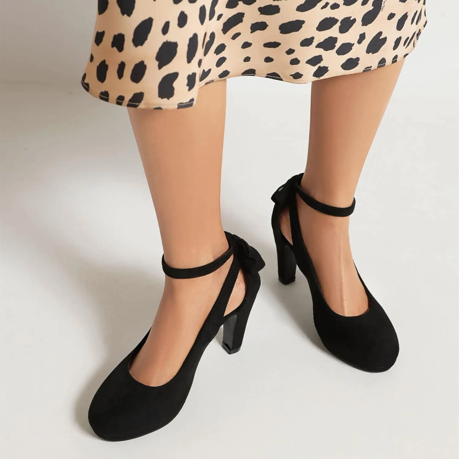Elerhythm Women's Mary Jane Heels with Bow Retro Closed Round Toe Suede Ankle Strap Pumps Gatsby Vintage Sweet Office Daily Dress Shoes
