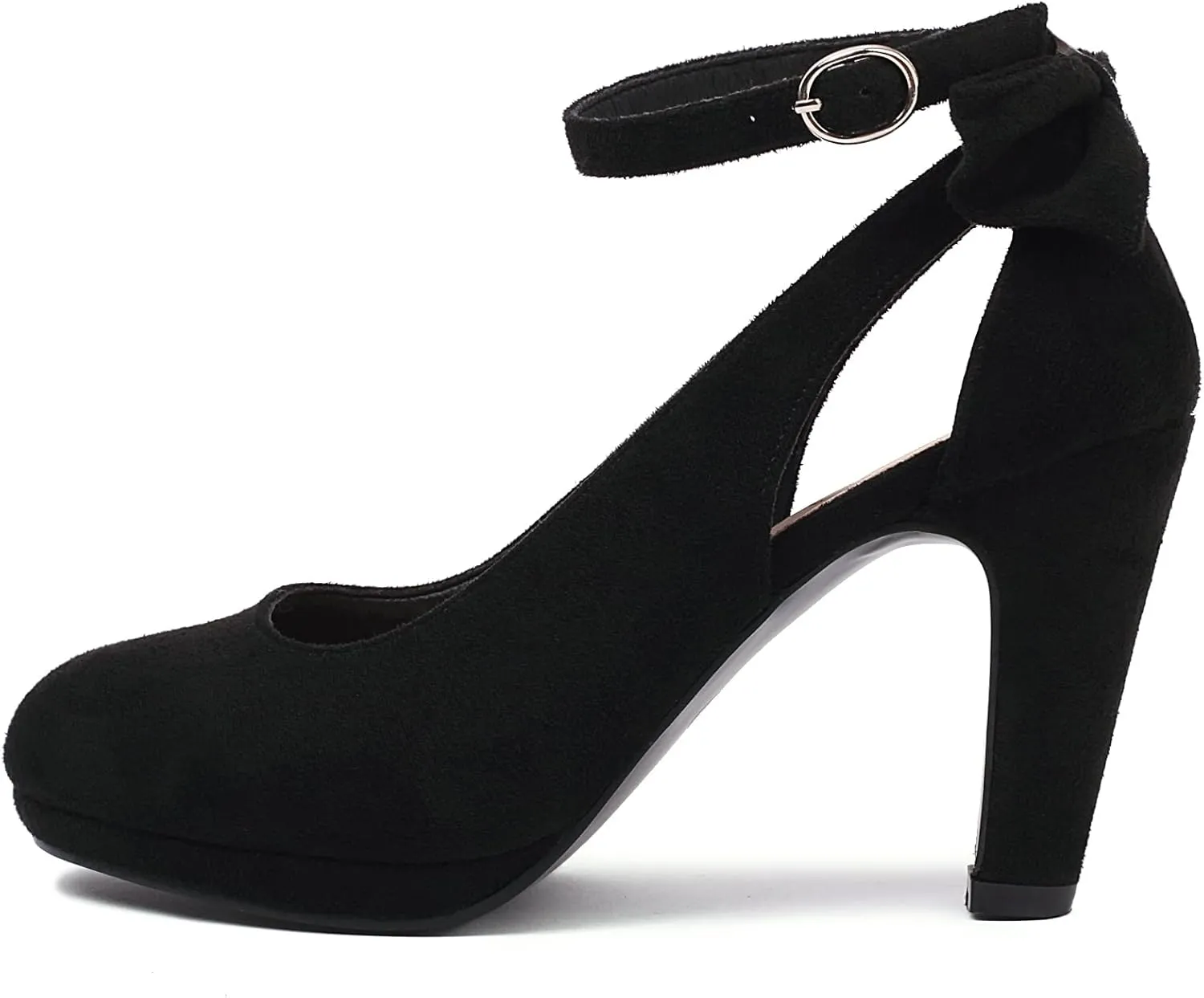 Elerhythm Women's Mary Jane Heels with Bow Retro Closed Round Toe Suede Ankle Strap Pumps Gatsby Vintage Sweet Office Daily Dress Shoes