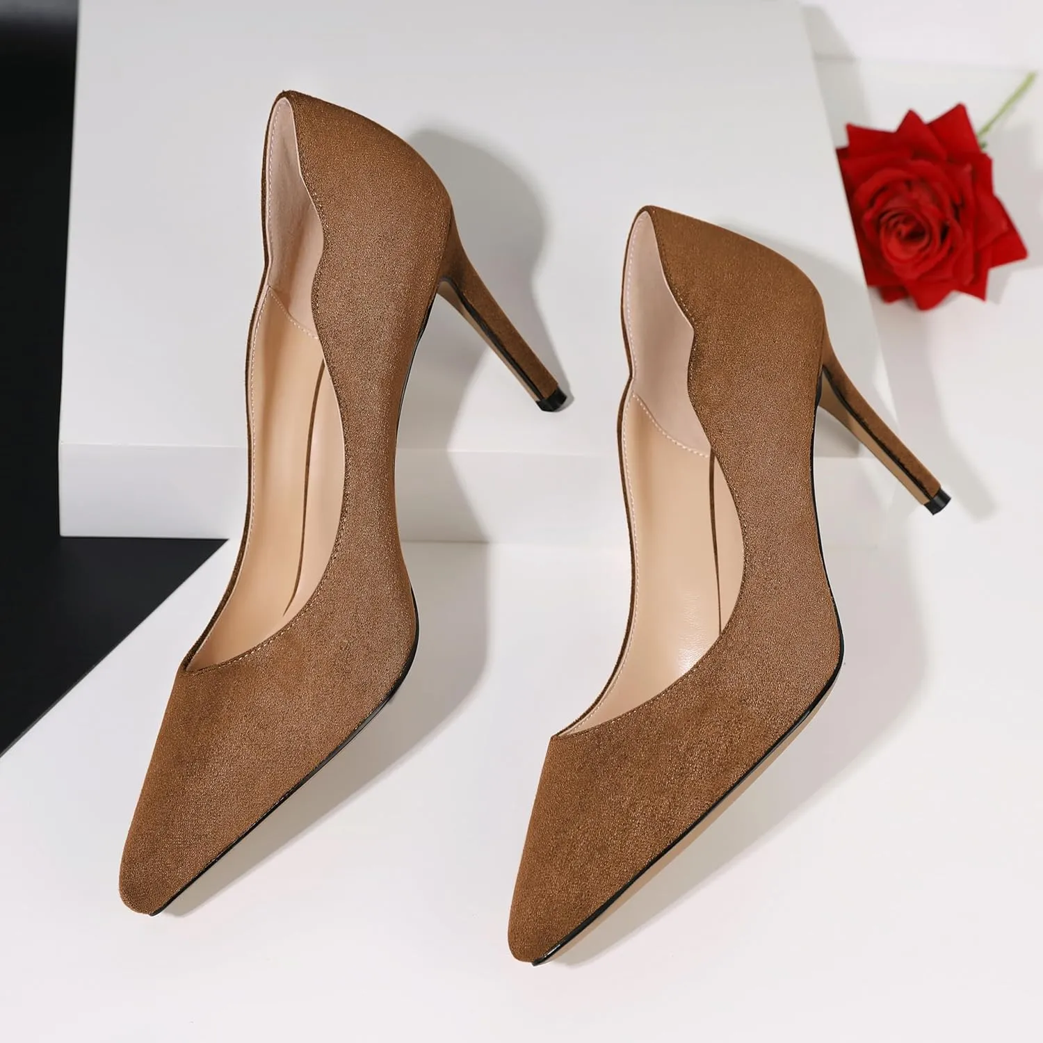 Esvowido Women's High Heel Pumps Heeled Pointed Toe Classic Stiletto Heels Slip on Sexy Evening Party Dress Shoes 3.4 Inch