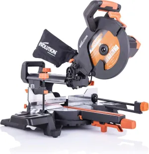 Evolution Power Tools R255SMS  PLUS 10-Inch Sliding Miter Saw Plus Multi-Material Multi-Purpose Cutting Cuts Metal, Plastic, Wood & More 0˚ - 45˚ Bevel & 50˚ - 50˚ Miter Angles TCT Blade Included