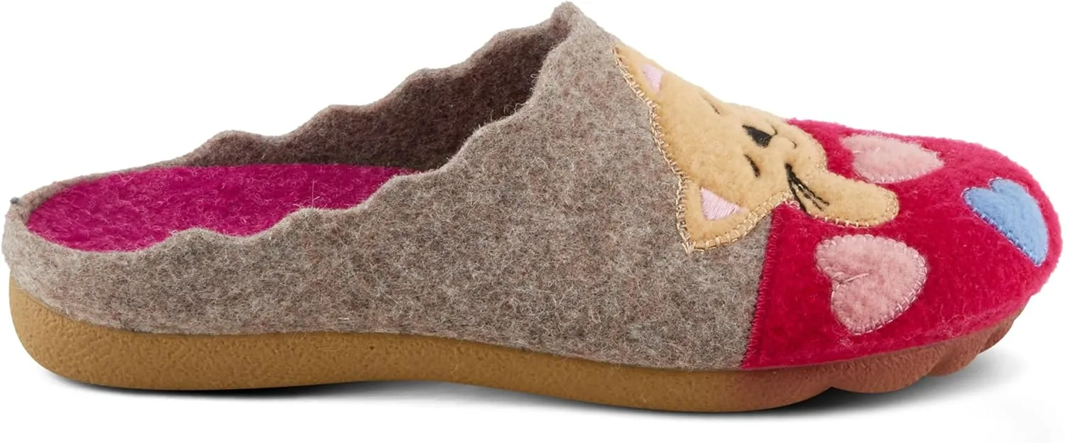 Flexus Spring Step Cuttlecat Cute Slippers for Women Indoor - Wool Felt Kitten Embroidery Comfortable Slide On House Shoes for Women