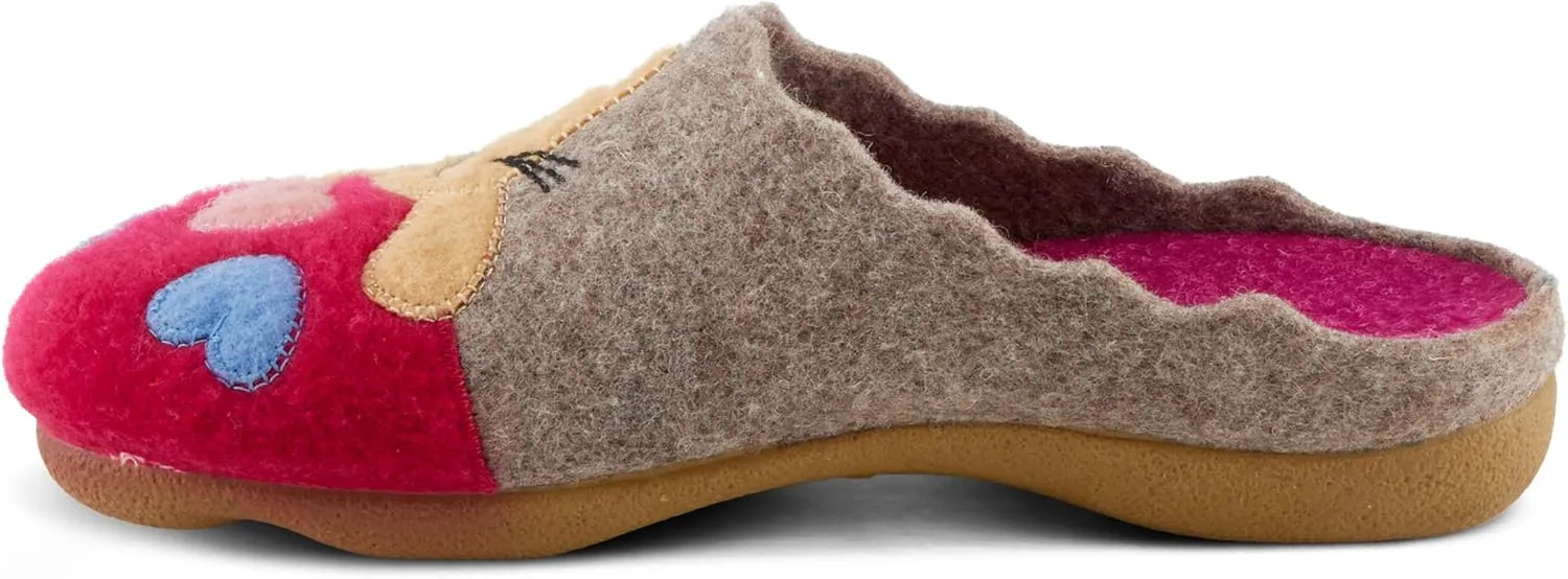 Flexus Spring Step Cuttlecat Cute Slippers for Women Indoor - Wool Felt Kitten Embroidery Comfortable Slide On House Shoes for Women