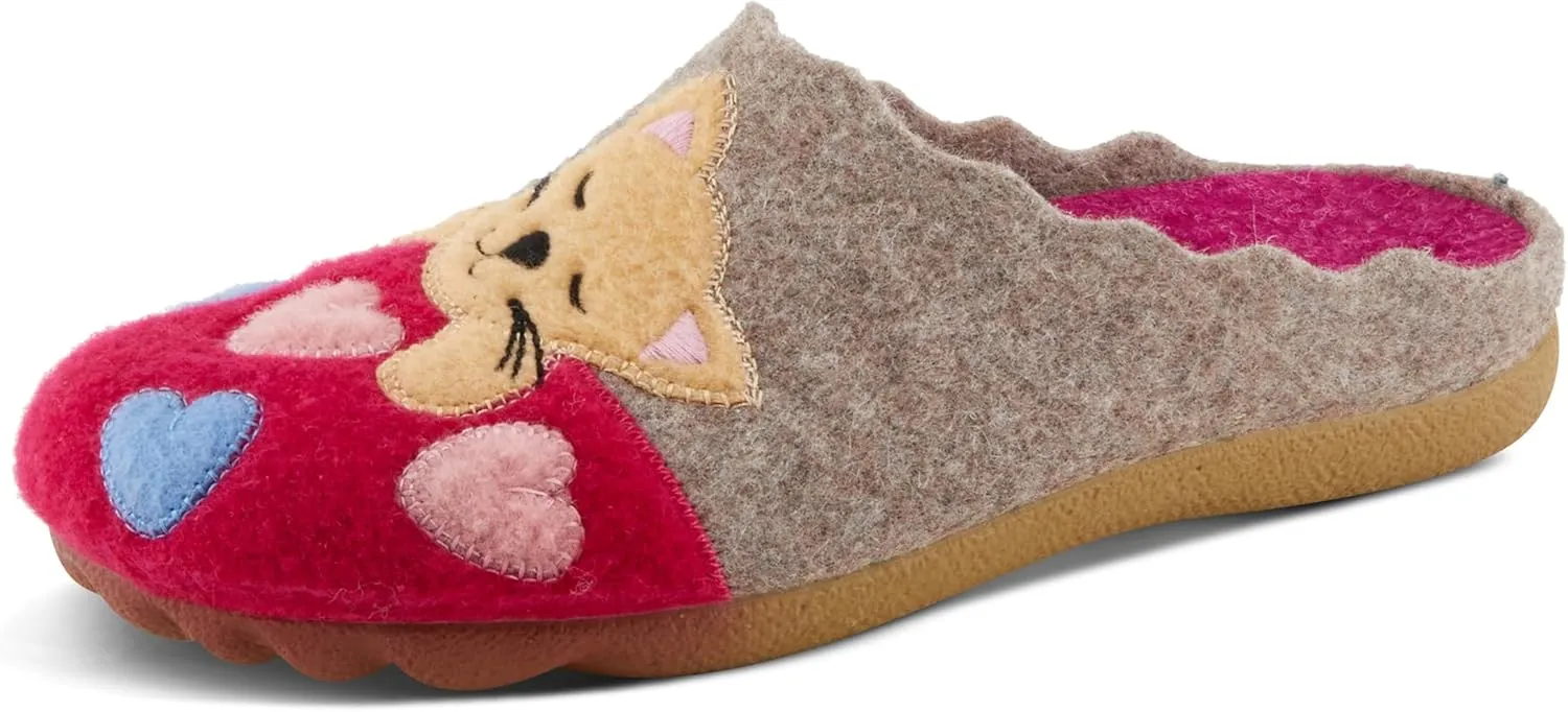 Flexus Spring Step Cuttlecat Cute Slippers for Women Indoor - Wool Felt Kitten Embroidery Comfortable Slide On House Shoes for Women