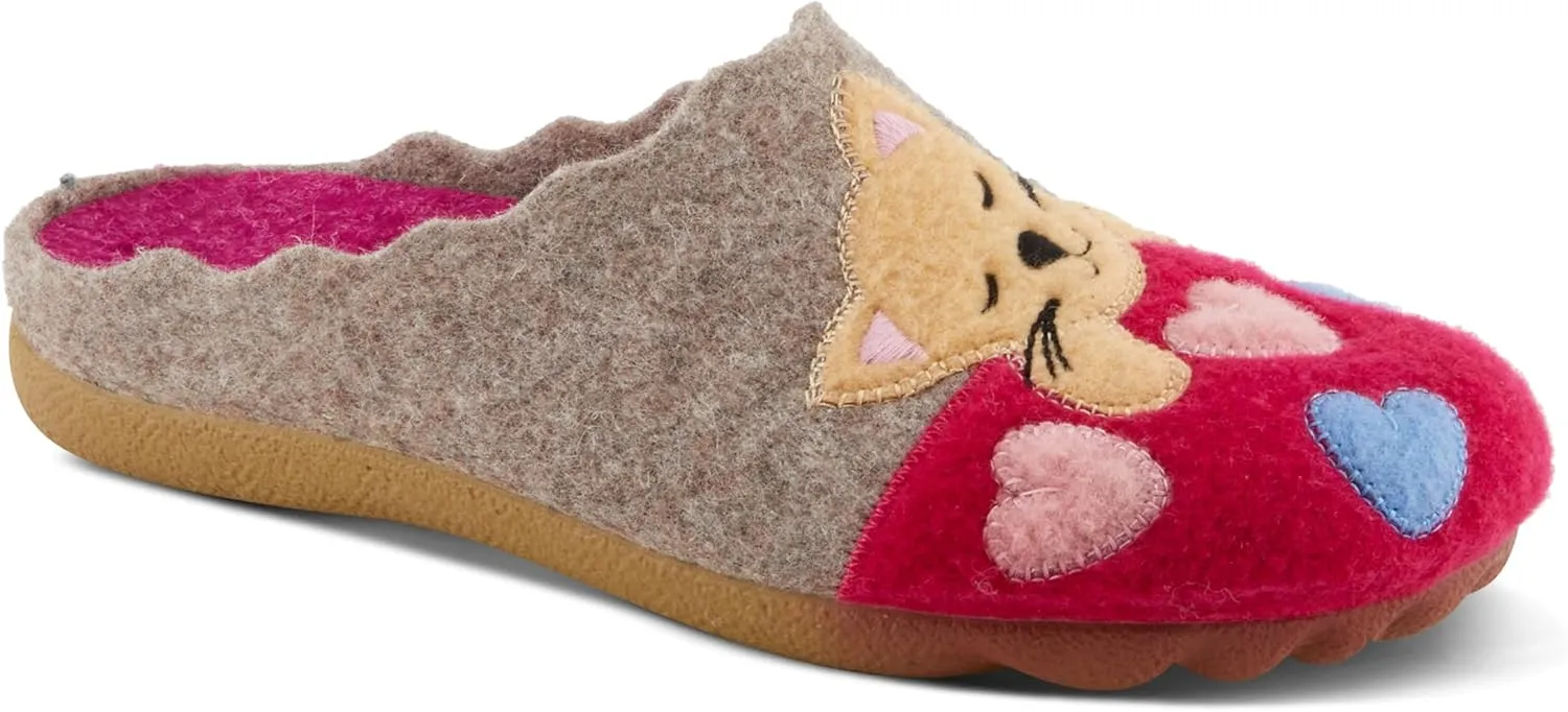 Flexus Spring Step Cuttlecat Cute Slippers for Women Indoor - Wool Felt Kitten Embroidery Comfortable Slide On House Shoes for Women