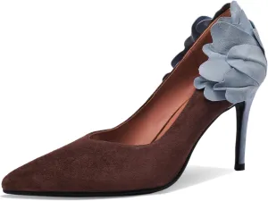 Floral High Heels for Women Stiletto Pointed Toe Pumps Closed Toe Dressy Comfortable Sexy Elegantes Faux Suede Wedding Slip On Formal Prom Sparkly 3 Inch Shoes