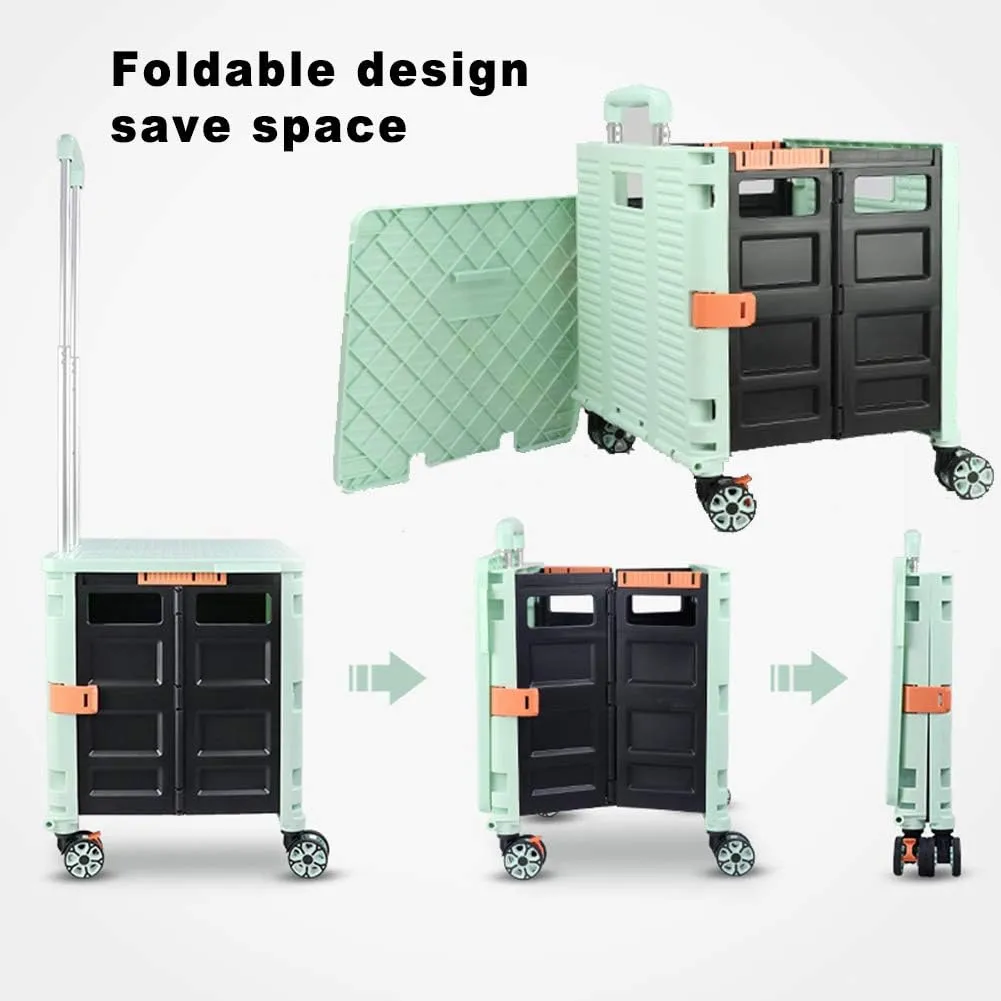 Foldable Utility Cart Folding Portable Rolling Crate Handcart Shopping Trolley Wheel Box with Lid Wear-Resistant Noiseless 360°Rotate Wheel for Travel Shopping Moving Storage Office Use (Green)