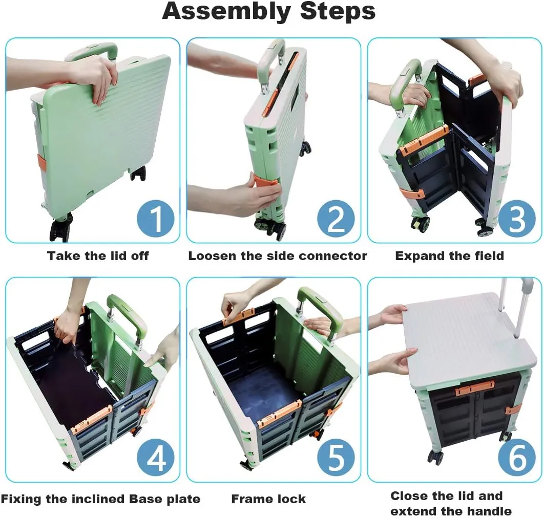Foldable Utility Cart Folding Portable Rolling Crate Handcart Shopping Trolley Wheel Box with Lid Wear-Resistant Noiseless 360°Rotate Wheel for Travel Shopping Moving Storage Office Use (Green)