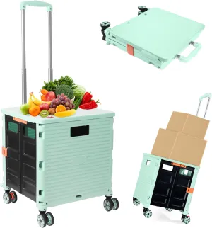 Foldable Utility Cart Folding Portable Rolling Crate Handcart Shopping Trolley Wheel Box with Lid Wear-Resistant Noiseless 360°Rotate Wheel for Travel Shopping Moving Storage Office Use (Green)