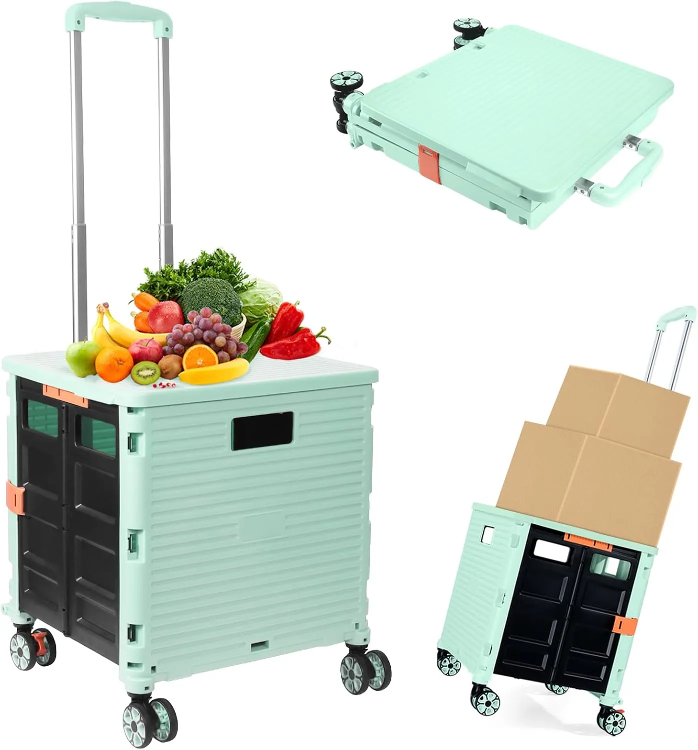 Foldable Utility Cart Folding Portable Rolling Crate Handcart Shopping Trolley Wheel Box with Lid Wear-Resistant Noiseless 360°Rotate Wheel for Travel Shopping Moving Storage Office Use (Green)