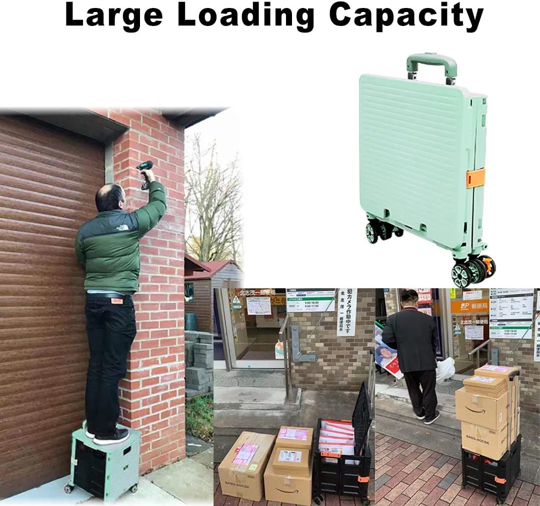 Foldable Utility Cart Folding Portable Rolling Crate Handcart Shopping Trolley Wheel Box with Lid Wear-Resistant Noiseless 360°Rotate Wheel for Travel Shopping Moving Storage Office Use (Green)