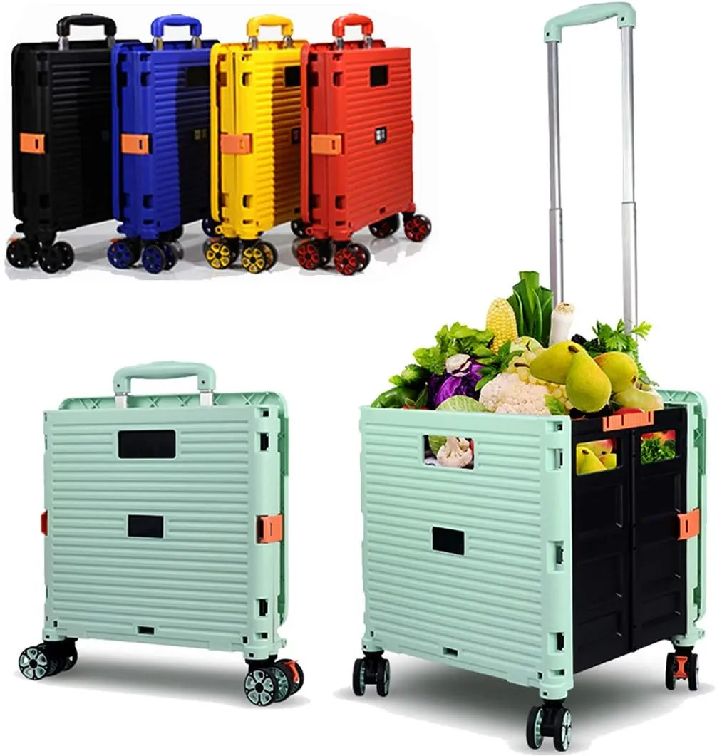 Foldable Utility Cart Folding Portable Rolling Crate Handcart Shopping Trolley Wheel Box with Lid Wear-Resistant Noiseless 360°Rotate Wheel for Travel Shopping Moving Storage Office Use (Green)