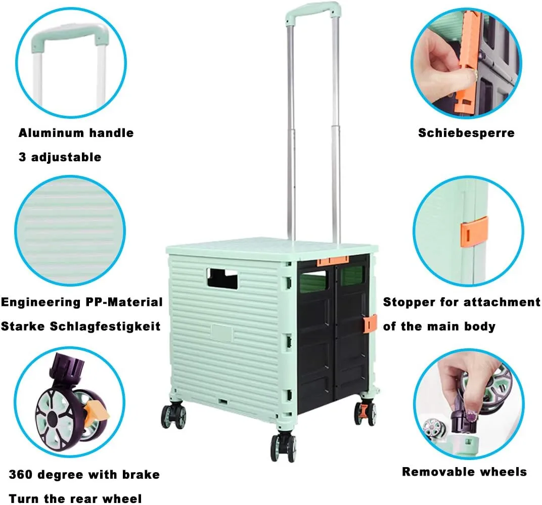 Foldable Utility Cart Folding Portable Rolling Crate Handcart Shopping Trolley Wheel Box with Lid Wear-Resistant Noiseless 360°Rotate Wheel for Travel Shopping Moving Storage Office Use (Green)