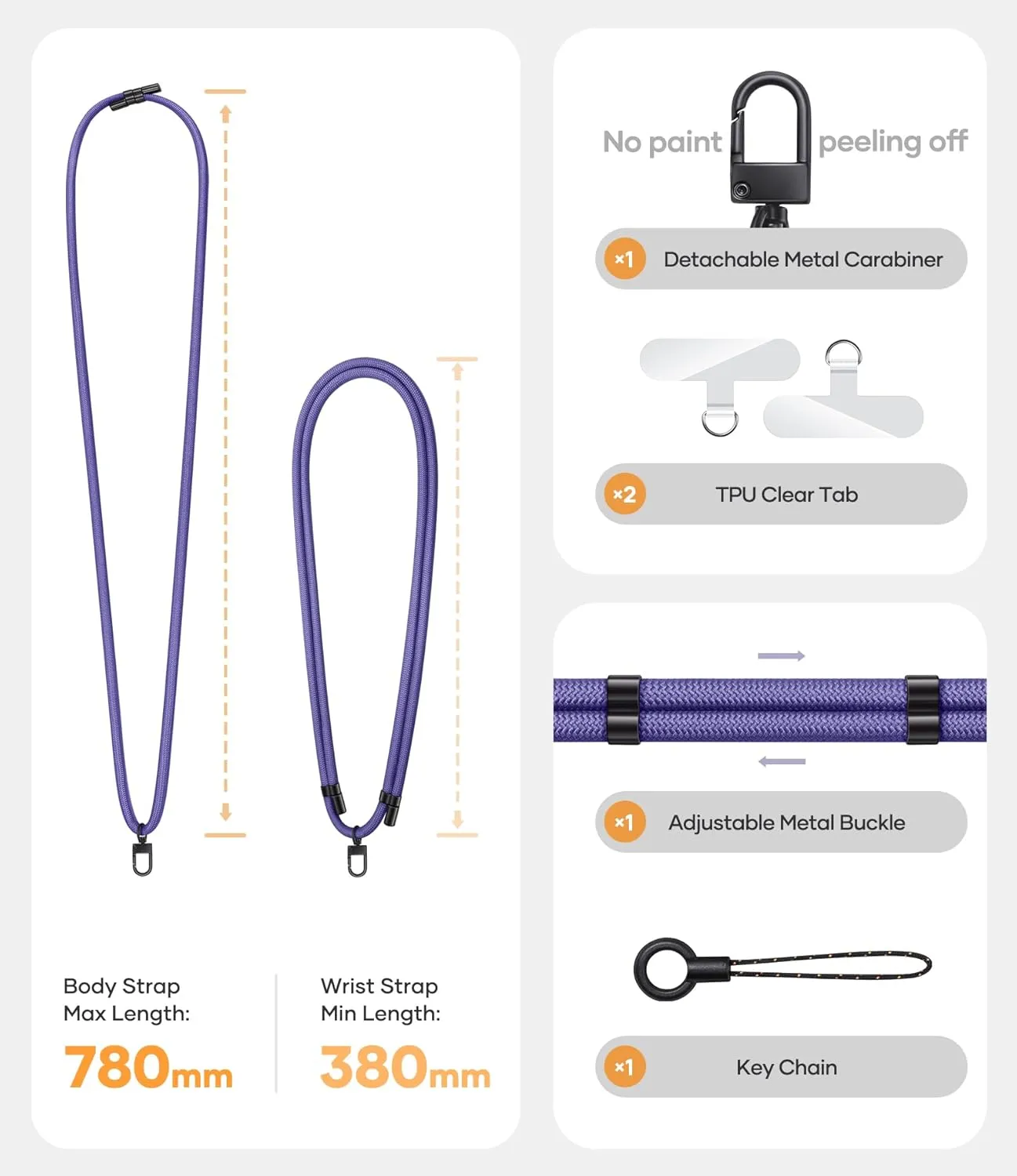 for Phone Lanyard Crossbody with 2X TPU Clear Phone Tabs, Multifuctional Double Flexible Neck Strap, Durable Sturdiness Carabiner, Lightweight Comfortable, Wrist for Women Men, Purple