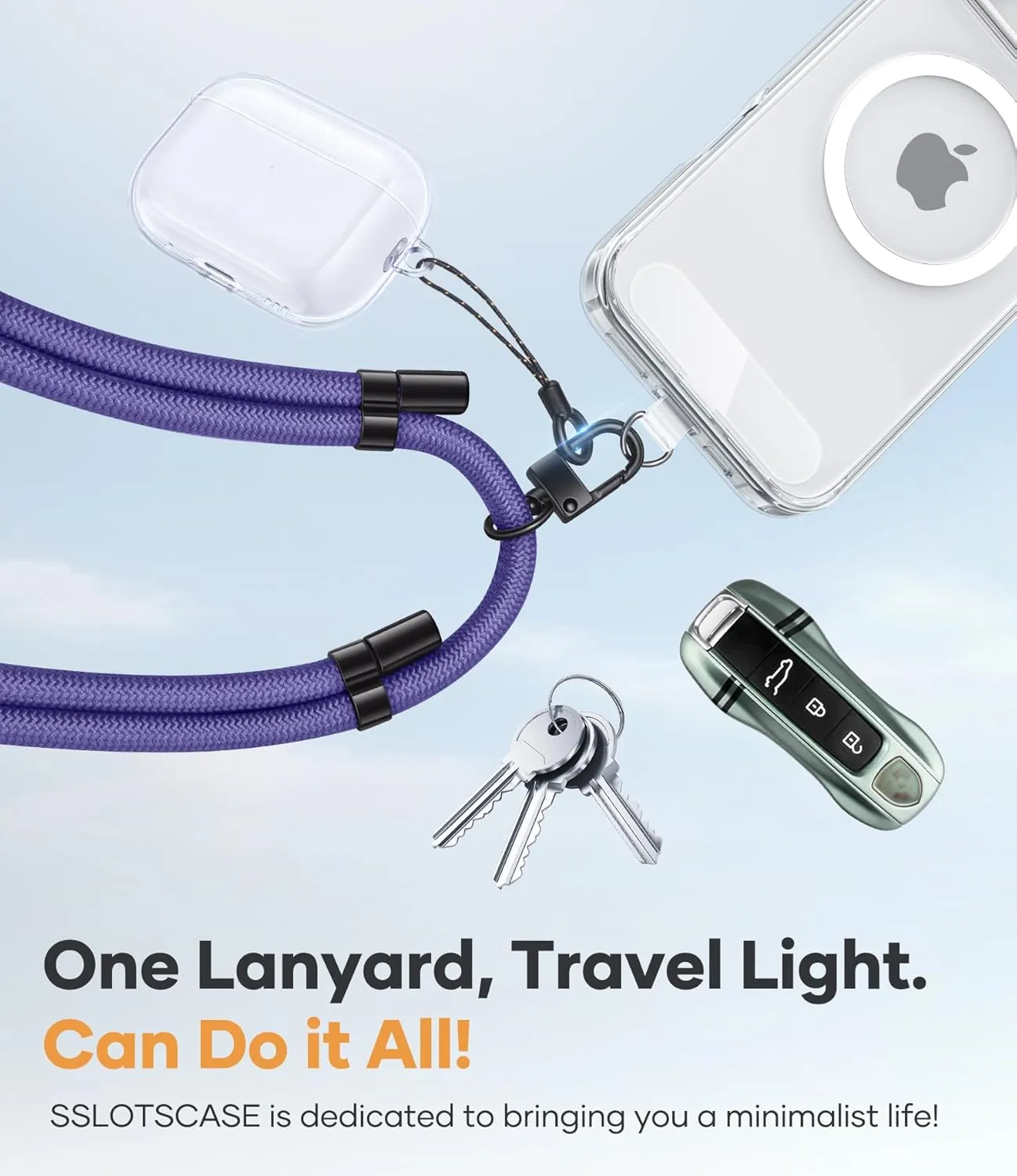 for Phone Lanyard Crossbody with 2X TPU Clear Phone Tabs, Multifuctional Double Flexible Neck Strap, Durable Sturdiness Carabiner, Lightweight Comfortable, Wrist for Women Men, Purple