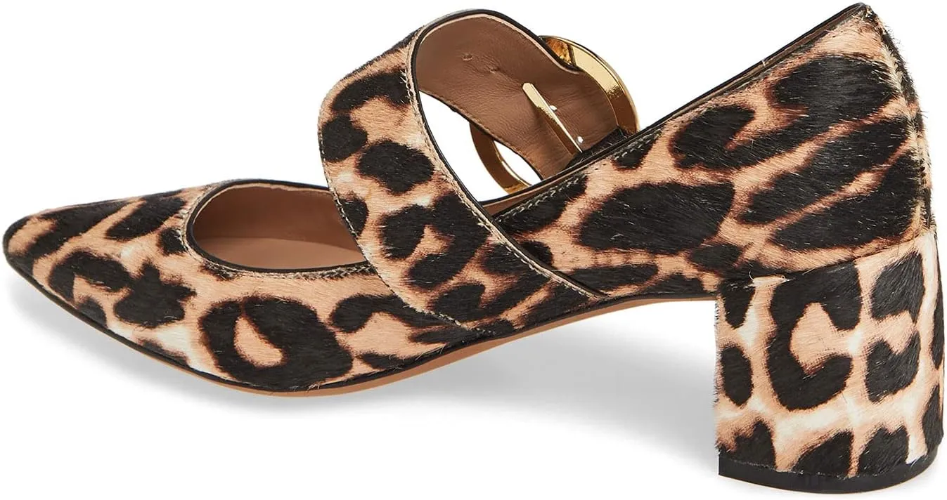 FOWT Women Embossed Snakeskin Pointed Toe Mid Chunky Heel Pumps Sexy Slip on Wide Mary-Jane Strap with Round Buckle Heels Business Office Party Unisex Shoes 4-16 US Size