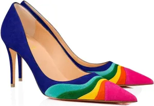 FOWT Women Kitten Heels Pumps High Heel Pointed Toe Pump Slip-on Rainbow Shoes for Dress Party Girl Ladies Full Size 4-16 M US