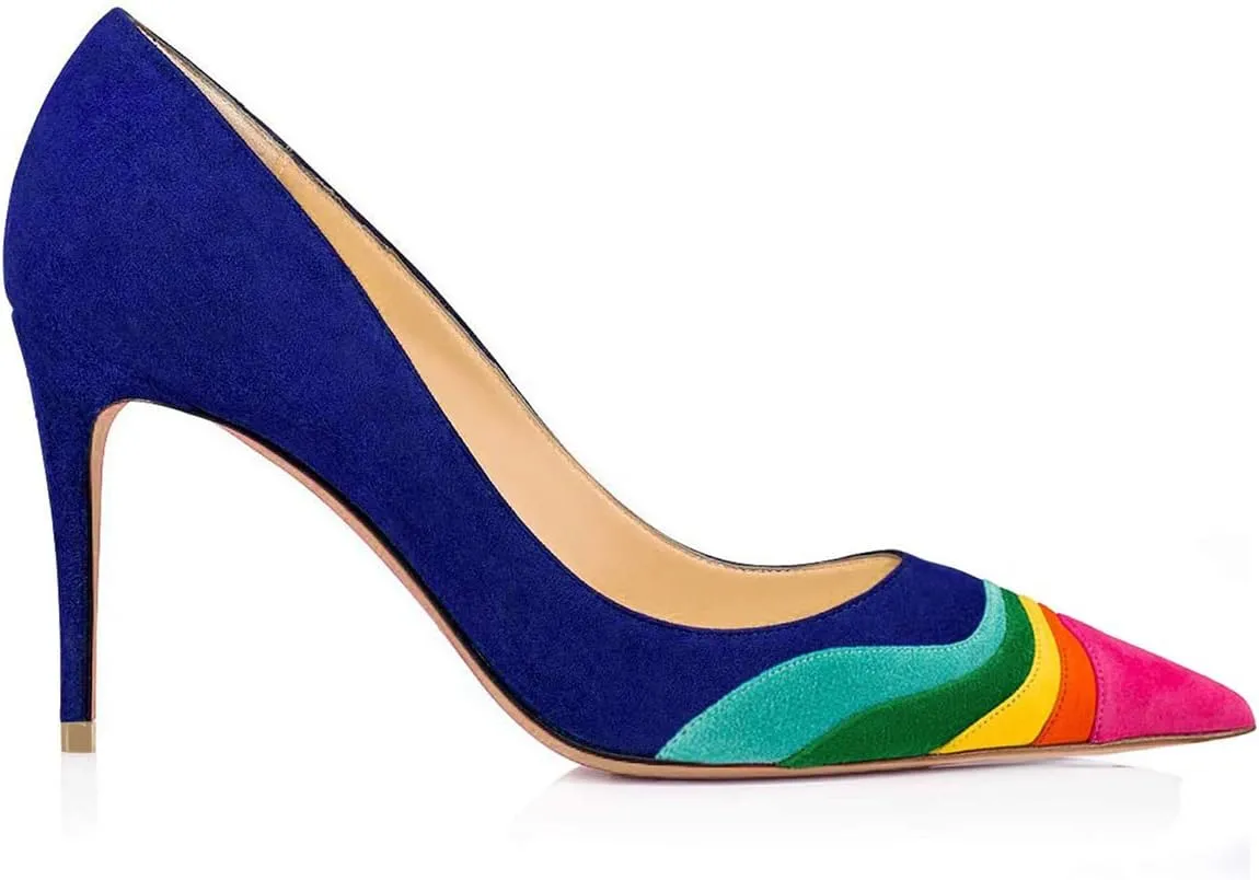 FOWT Women Kitten Heels Pumps High Heel Pointed Toe Pump Slip-on Rainbow Shoes for Dress Party Girl Ladies Full Size 4-16 M US