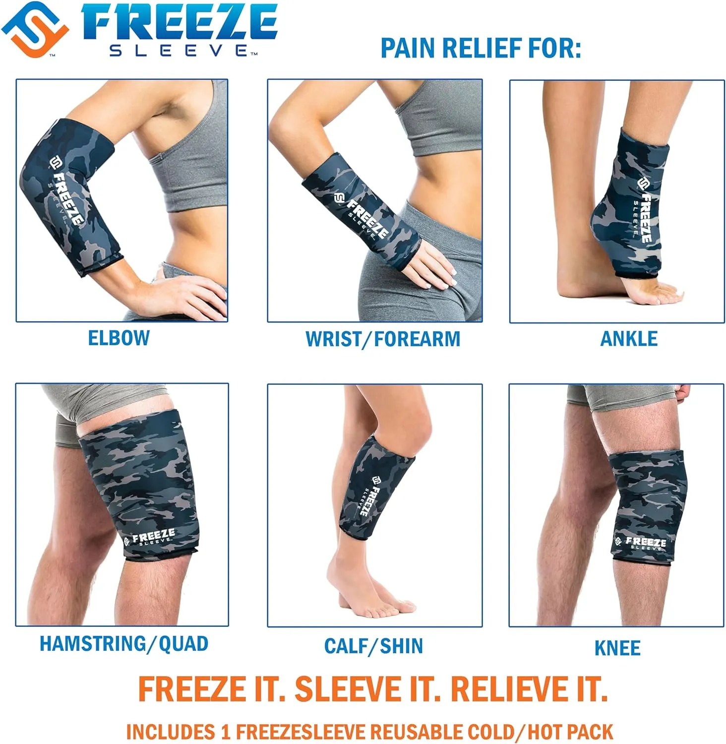 FreezeSleeve Ice and Heat Therapy Sleeve | Reusable Ice Pack Flexible Gel Compression Sleeve for Pain Relief and Recovery of Elbow Knee Ankle Leg Wrist Injuries | Blue Camo Small Medium 2 Pieces