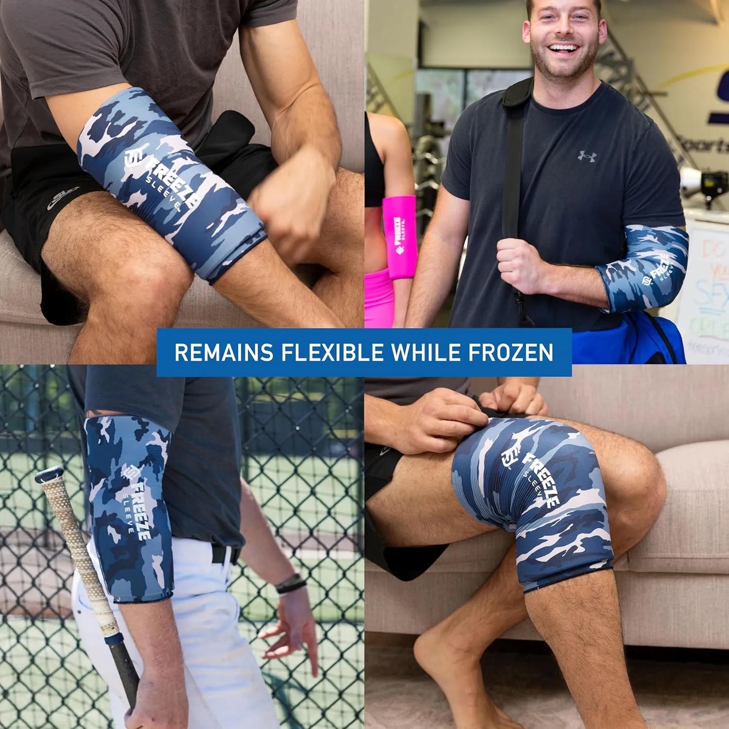 FreezeSleeve Ice and Heat Therapy Sleeve | Reusable Ice Pack Flexible Gel Compression Sleeve for Pain Relief and Recovery of Elbow Knee Ankle Leg Wrist Injuries | Blue Camo Small Medium 2 Pieces
