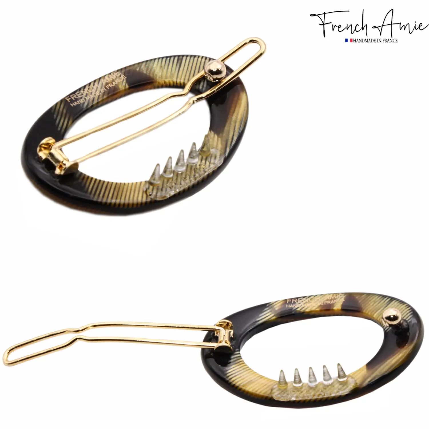 French Amie Oval Hoop Small 1 1/2” Caramel Celluloid Handmade Snap Hair Clips for Women Tige Boule Clasp Side Slide-in Barrette Clip Hair Accessories for Girl - 2 Pieces