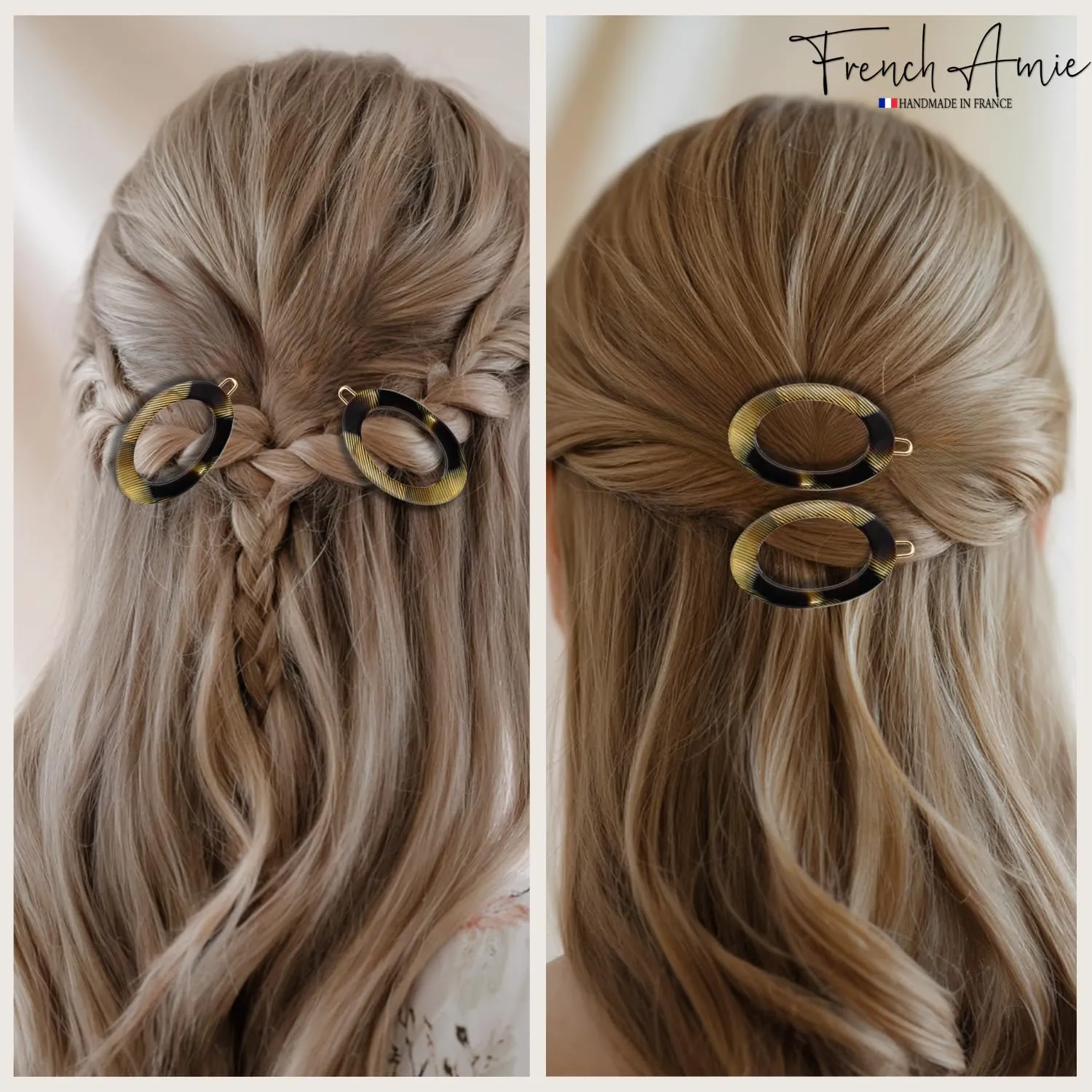 French Amie Oval Hoop Small 1 1/2” Caramel Celluloid Handmade Snap Hair Clips for Women Tige Boule Clasp Side Slide-in Barrette Clip Hair Accessories for Girl - 2 Pieces