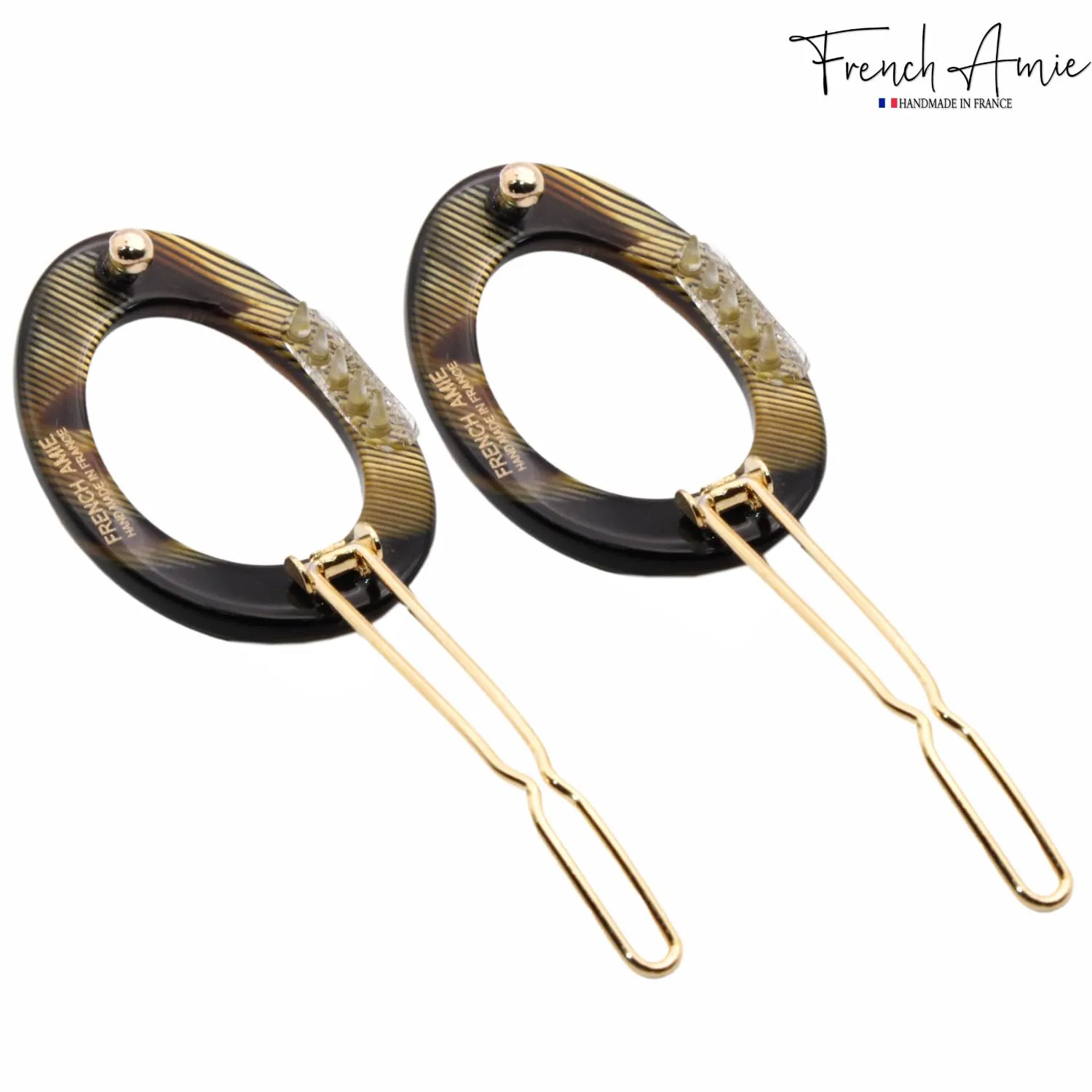 French Amie Oval Hoop Small 1 1/2” Caramel Celluloid Handmade Snap Hair Clips for Women Tige Boule Clasp Side Slide-in Barrette Clip Hair Accessories for Girl - 2 Pieces