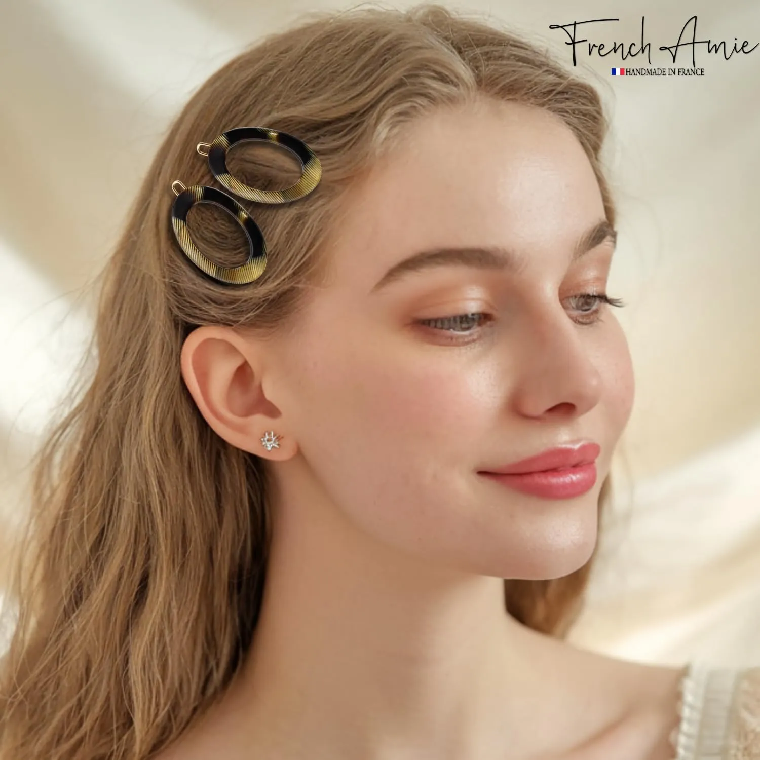 French Amie Oval Hoop Small 1 1/2” Caramel Celluloid Handmade Snap Hair Clips for Women Tige Boule Clasp Side Slide-in Barrette Clip Hair Accessories for Girl - 2 Pieces