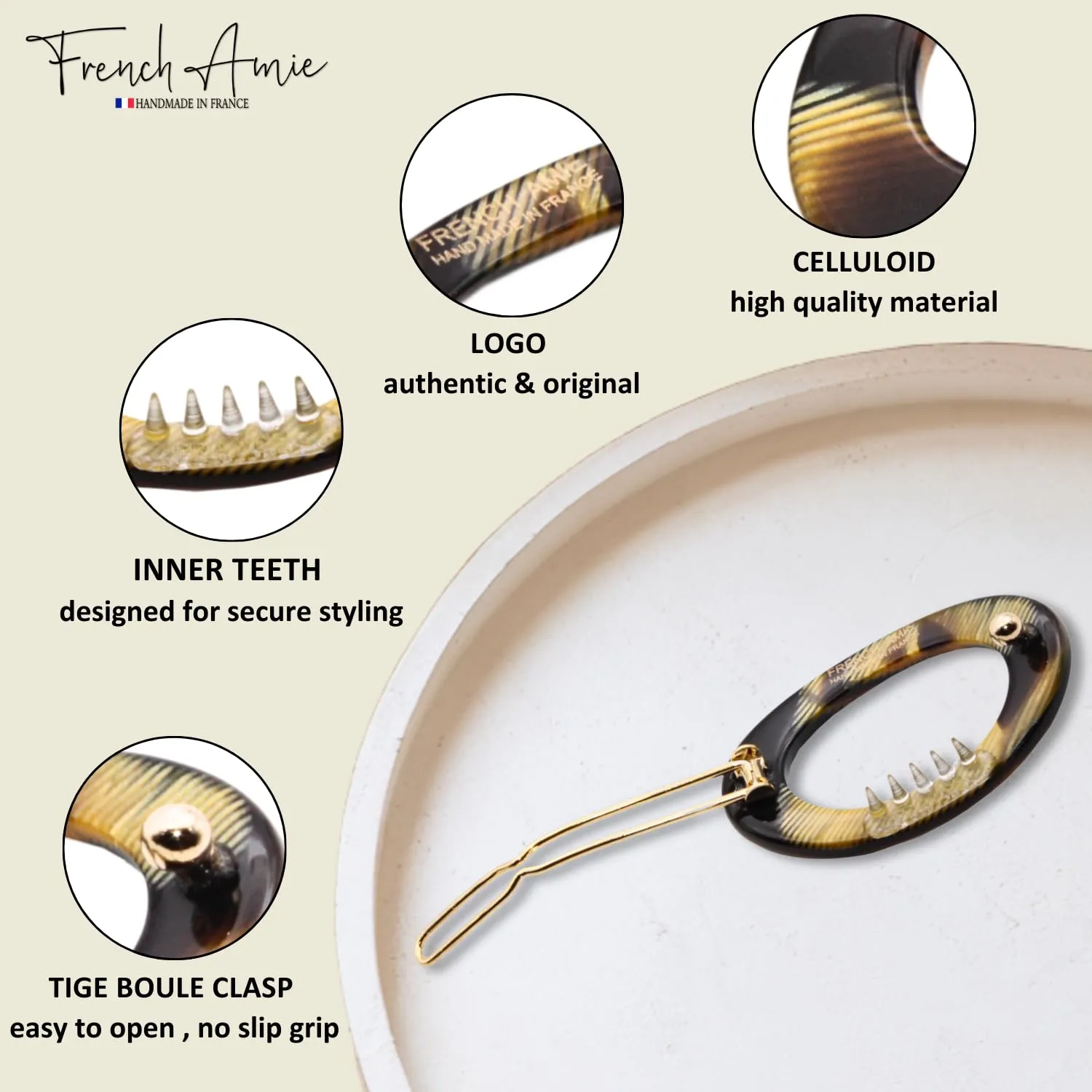 French Amie Oval Hoop Small 1 1/2” Caramel Celluloid Handmade Snap Hair Clips for Women Tige Boule Clasp Side Slide-in Barrette Clip Hair Accessories for Girl - 2 Pieces