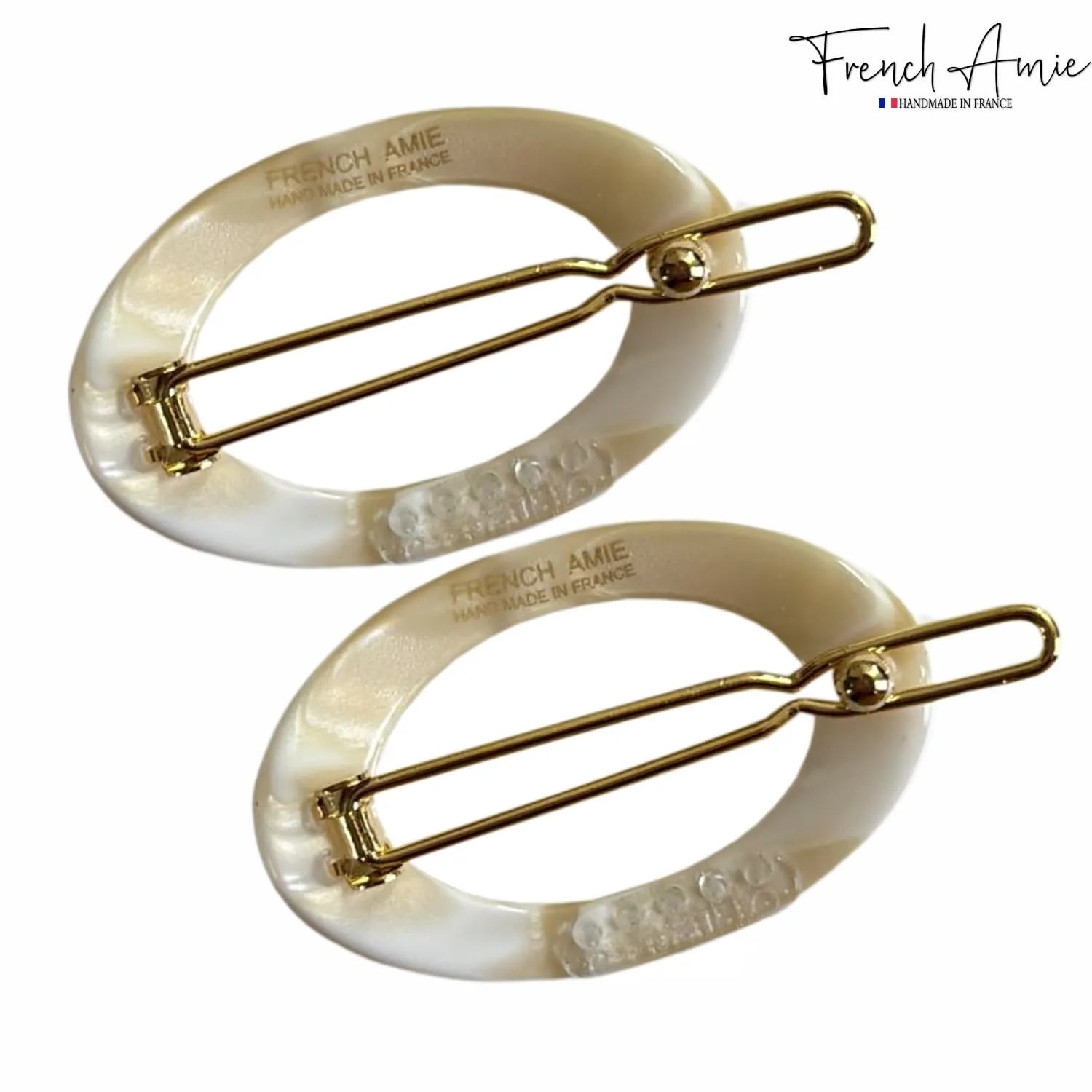 French Amie Oval Hoop Small 1 1/2” Ivory Celluloid Handmade Snap Hair Clips for Women Tige Boule Clasp Side Slide-in Barrette Clip Hair Accessories for Girl - 2 Pieces