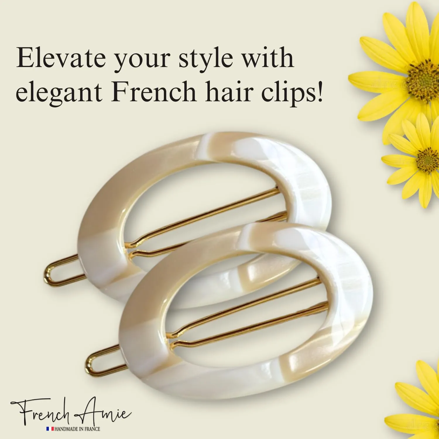 French Amie Oval Hoop Small 1 1/2” Ivory Celluloid Handmade Snap Hair Clips for Women Tige Boule Clasp Side Slide-in Barrette Clip Hair Accessories for Girl - 2 Pieces