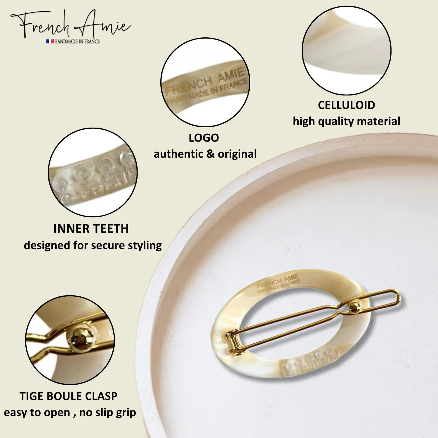French Amie Oval Hoop Small 1 1/2” Ivory Celluloid Handmade Snap Hair Clips for Women Tige Boule Clasp Side Slide-in Barrette Clip Hair Accessories for Girl - 2 Pieces