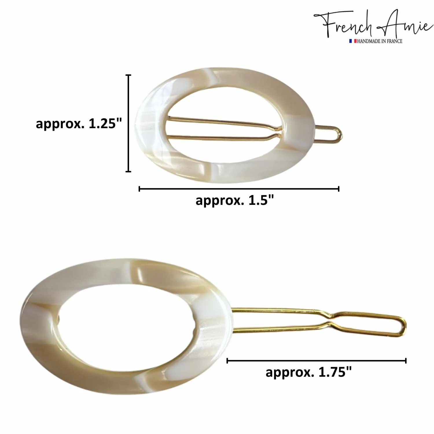 French Amie Oval Hoop Small 1 1/2” Ivory Celluloid Handmade Snap Hair Clips for Women Tige Boule Clasp Side Slide-in Barrette Clip Hair Accessories for Girl - 2 Pieces