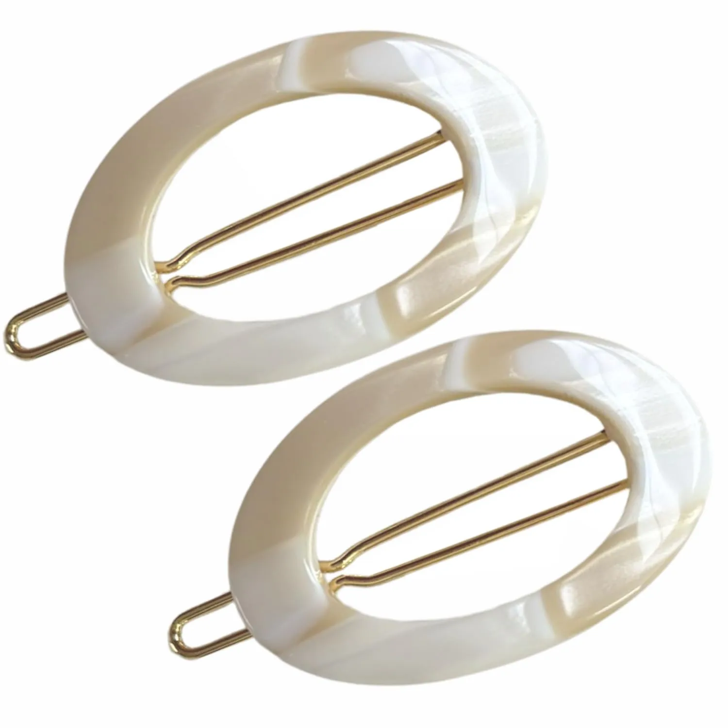 French Amie Oval Hoop Small 1 1/2” Ivory Celluloid Handmade Snap Hair Clips for Women Tige Boule Clasp Side Slide-in Barrette Clip Hair Accessories for Girl - 2 Pieces