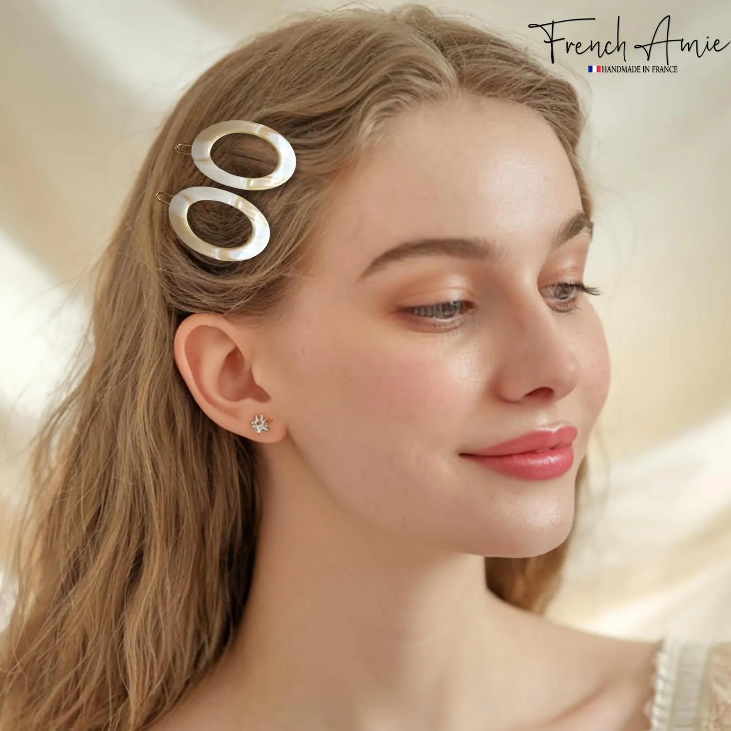 French Amie Oval Hoop Small 1 1/2” Ivory Celluloid Handmade Snap Hair Clips for Women Tige Boule Clasp Side Slide-in Barrette Clip Hair Accessories for Girl - 2 Pieces
