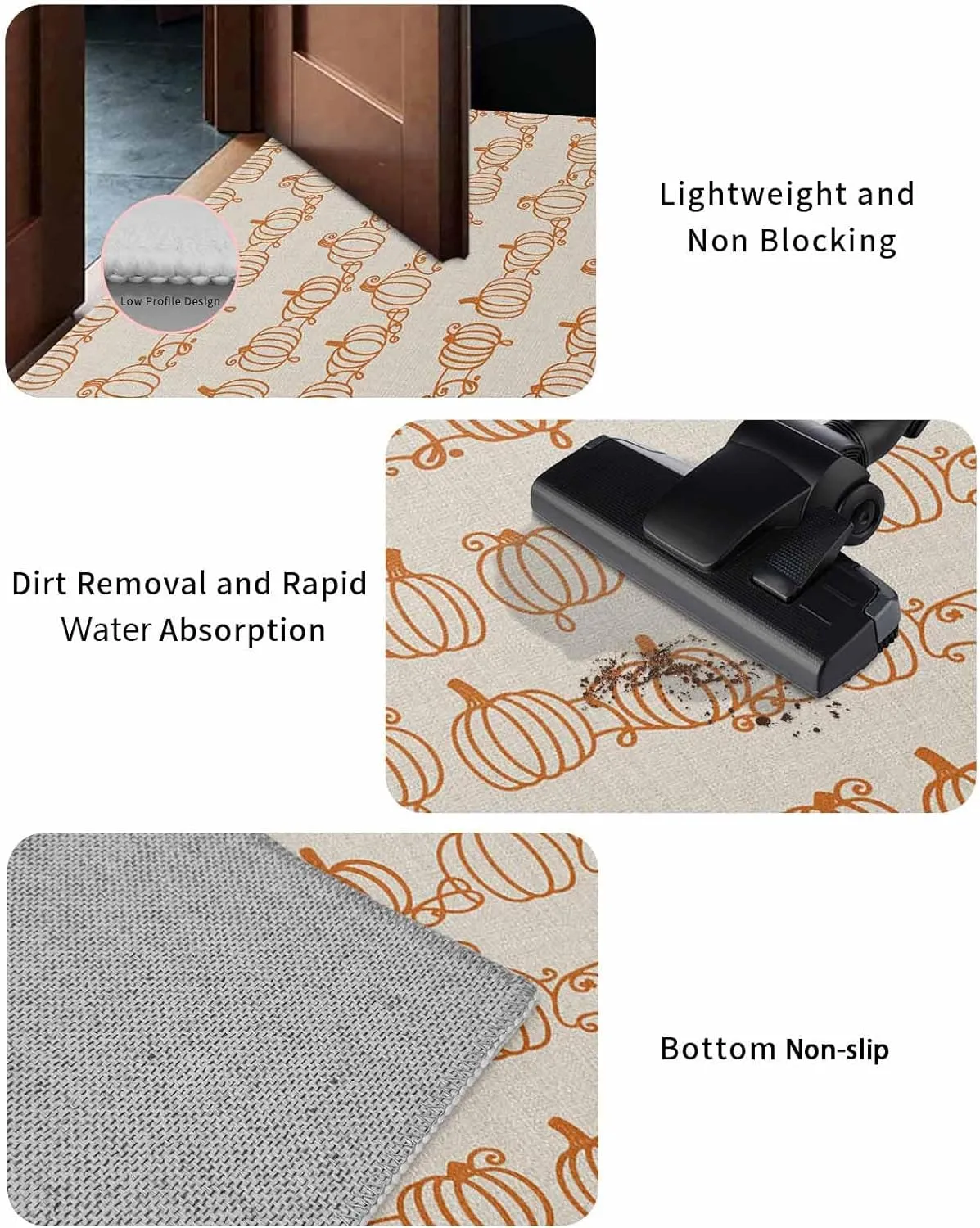 Front Door Mat Indoor Outdoor Retro Autumn Pumpkins Non-Slip Doormat Low Profile Patio Porch Entryway Rug 16x24in Abstract Geometric Lines on Linen