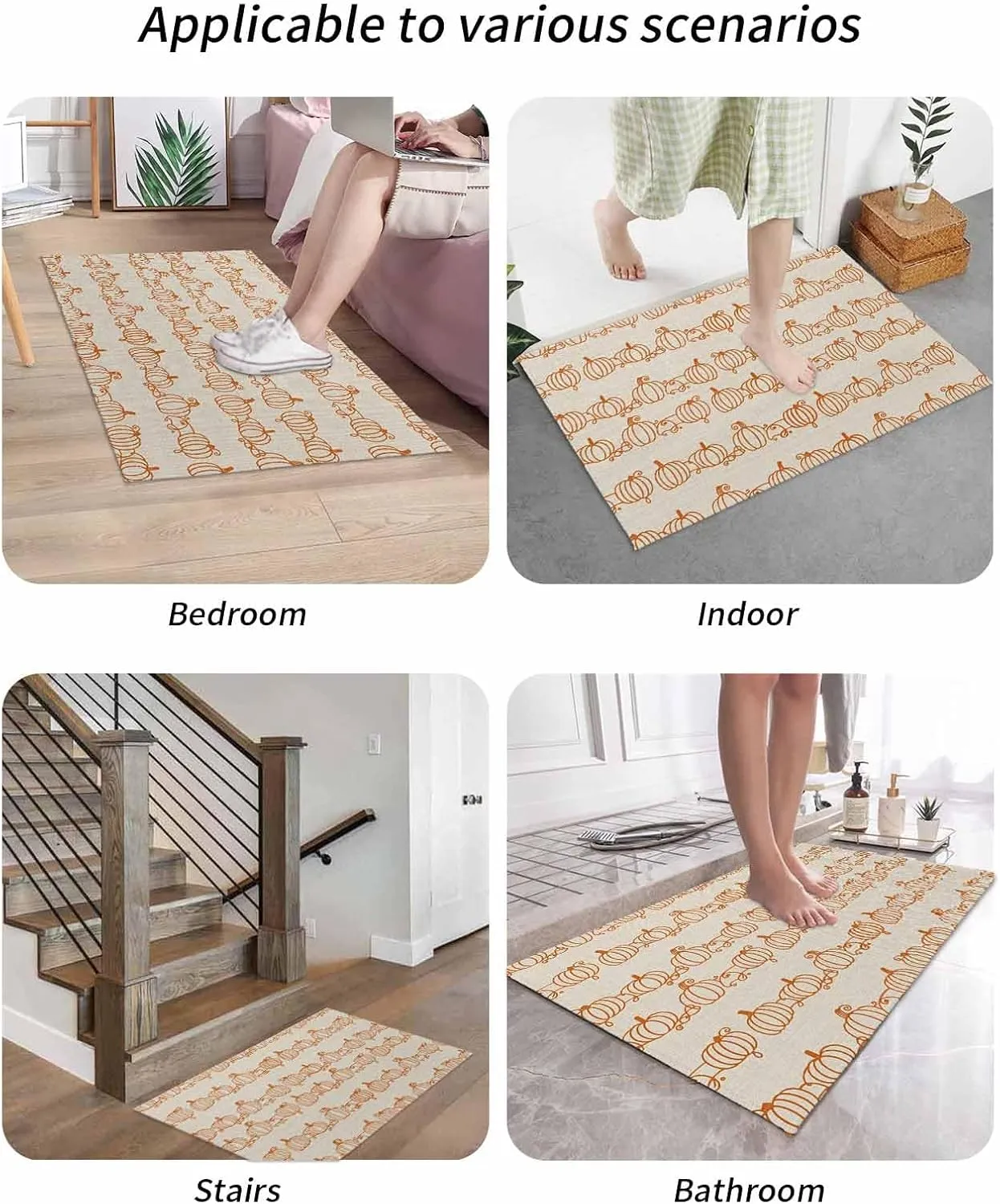Front Door Mat Indoor Outdoor Retro Autumn Pumpkins Non-Slip Doormat Low Profile Patio Porch Entryway Rug 16x24in Abstract Geometric Lines on Linen