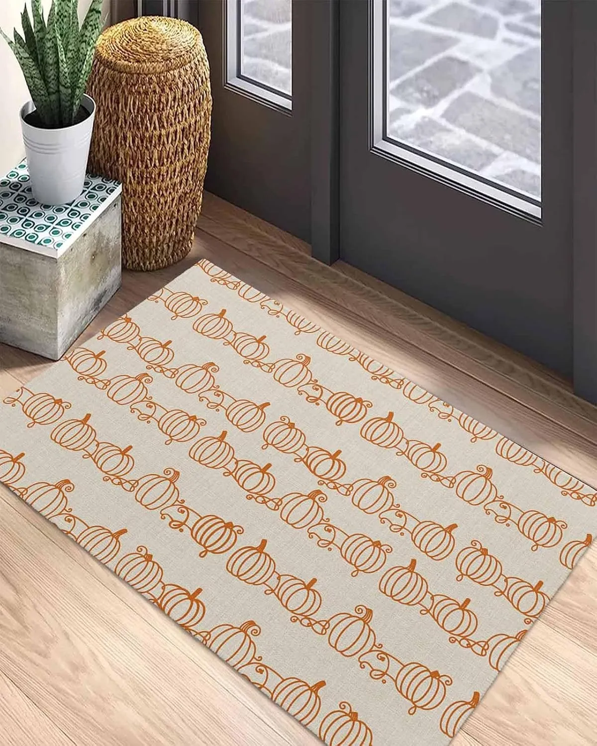 Front Door Mat Indoor Outdoor Retro Autumn Pumpkins Non-Slip Doormat Low Profile Patio Porch Entryway Rug 16x24in Abstract Geometric Lines on Linen