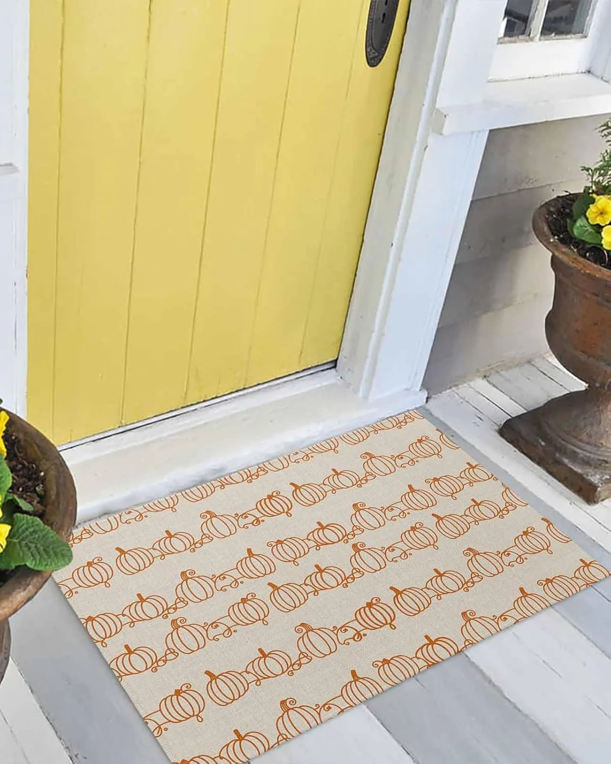 Front Door Mat Indoor Outdoor Retro Autumn Pumpkins Non-Slip Doormat Low Profile Patio Porch Entryway Rug 16x24in Abstract Geometric Lines on Linen