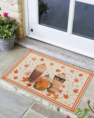 Front Door Mat Indoor Outdoor Vintage Fall Latte Maple Leaves Non-Slip Doormat Low Profile Patio Porch Entryway Rug 16x24in Stars Orange Line on Linen