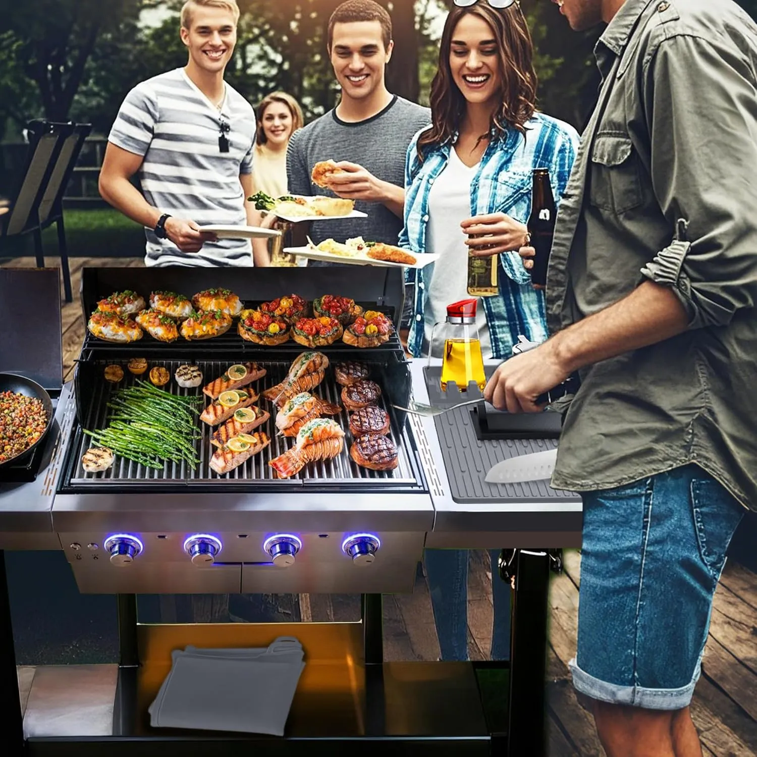 Full Wrap-Around 22" Silicone Griddle Cover for Blackstone, Include 16" Silicone Spatula Mat，Premium Heavy Duty Food Grade Reusable Grill Mat, Blackstone Protective Cover Kit Grey