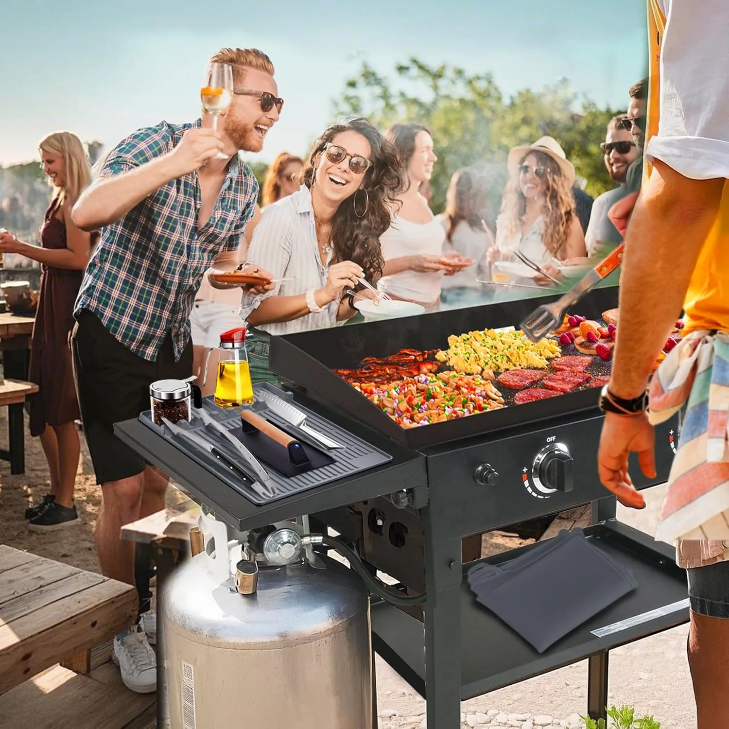 Full Wrap-Around 22" Silicone Griddle Cover for Blackstone, Include 16" Silicone Spatula Mat，Premium Heavy Duty Food Grade Reusable Grill Mat, Blackstone Protective Cover Kit Grey