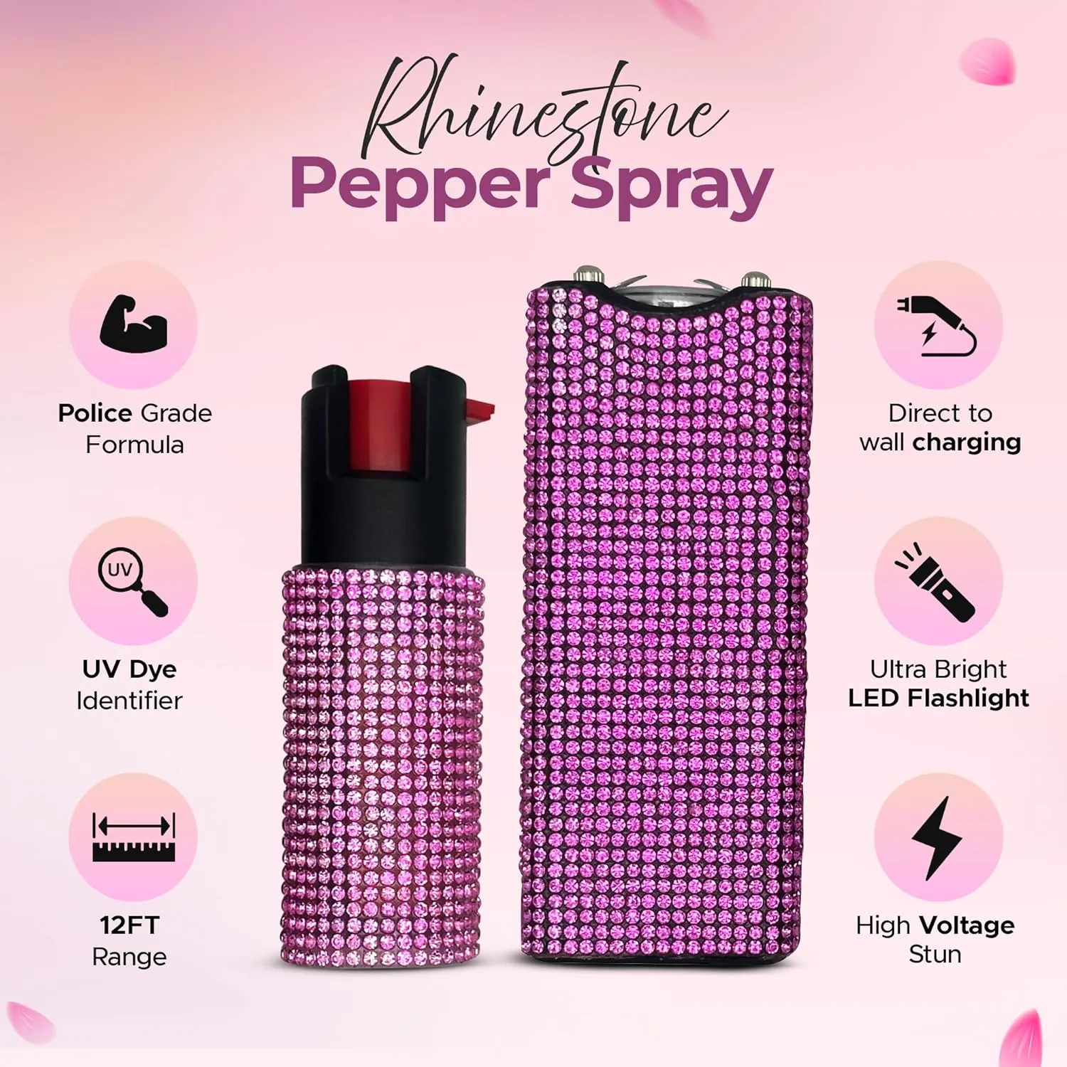 FURY Gem Stone Pepper Spray Stun Gun Combo – Stylish Multi-Color, 12ft Range, UV Dye Identifier, Flashlight, Rechargeable, Self-Defense Kit, Personal Safety, Rhinestone casing