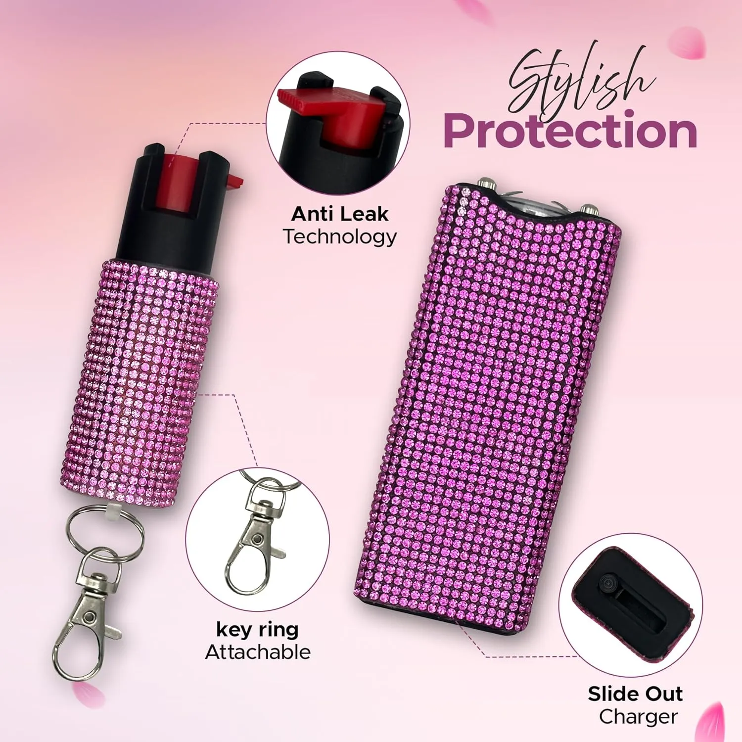 FURY Gem Stone Pepper Spray Stun Gun Combo – Stylish Multi-Color, 12ft Range, UV Dye Identifier, Flashlight, Rechargeable, Self-Defense Kit, Personal Safety, Rhinestone casing